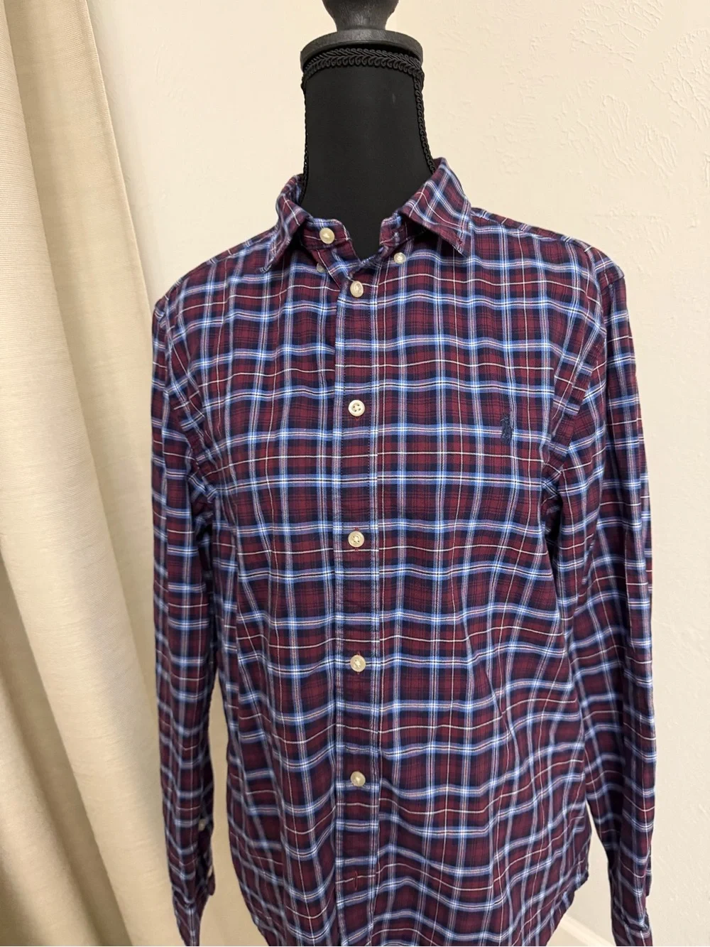 Ralph Lauren Boys XL Burgundy and Blue Plaid Button-Down Shirt
